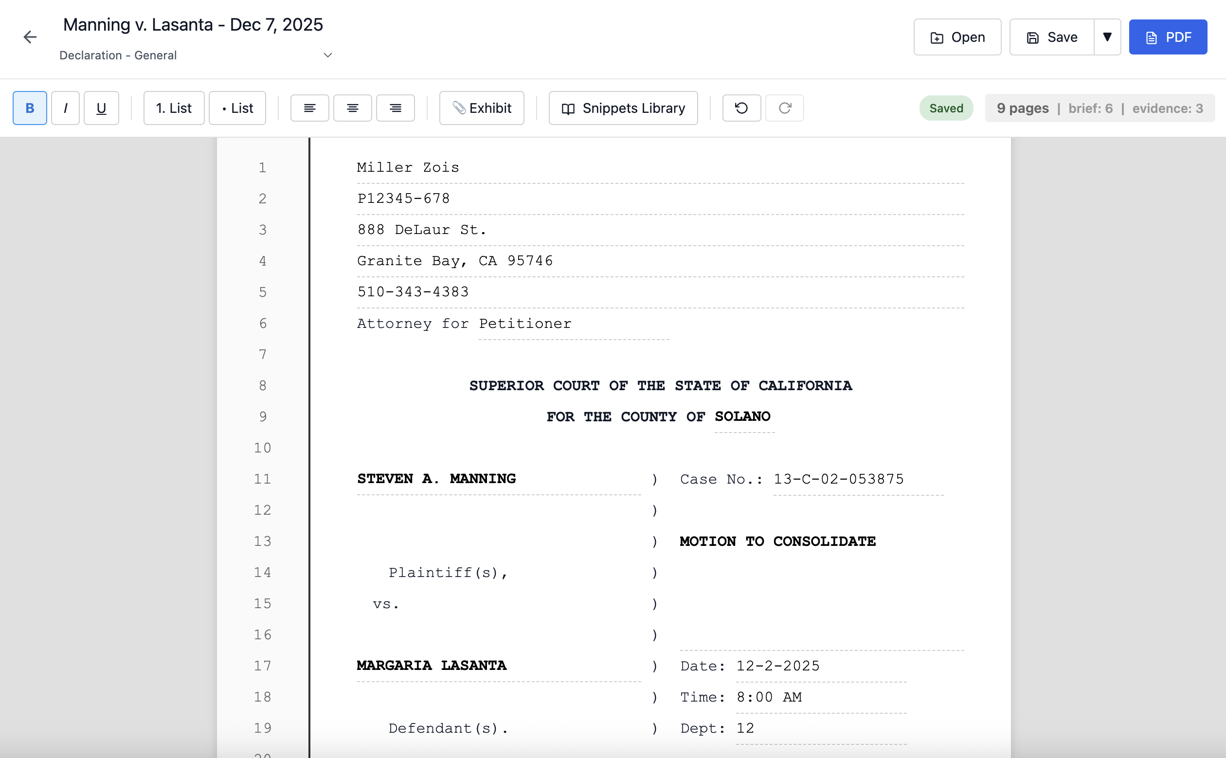 Caption page of a sample document in the Pleading Editor