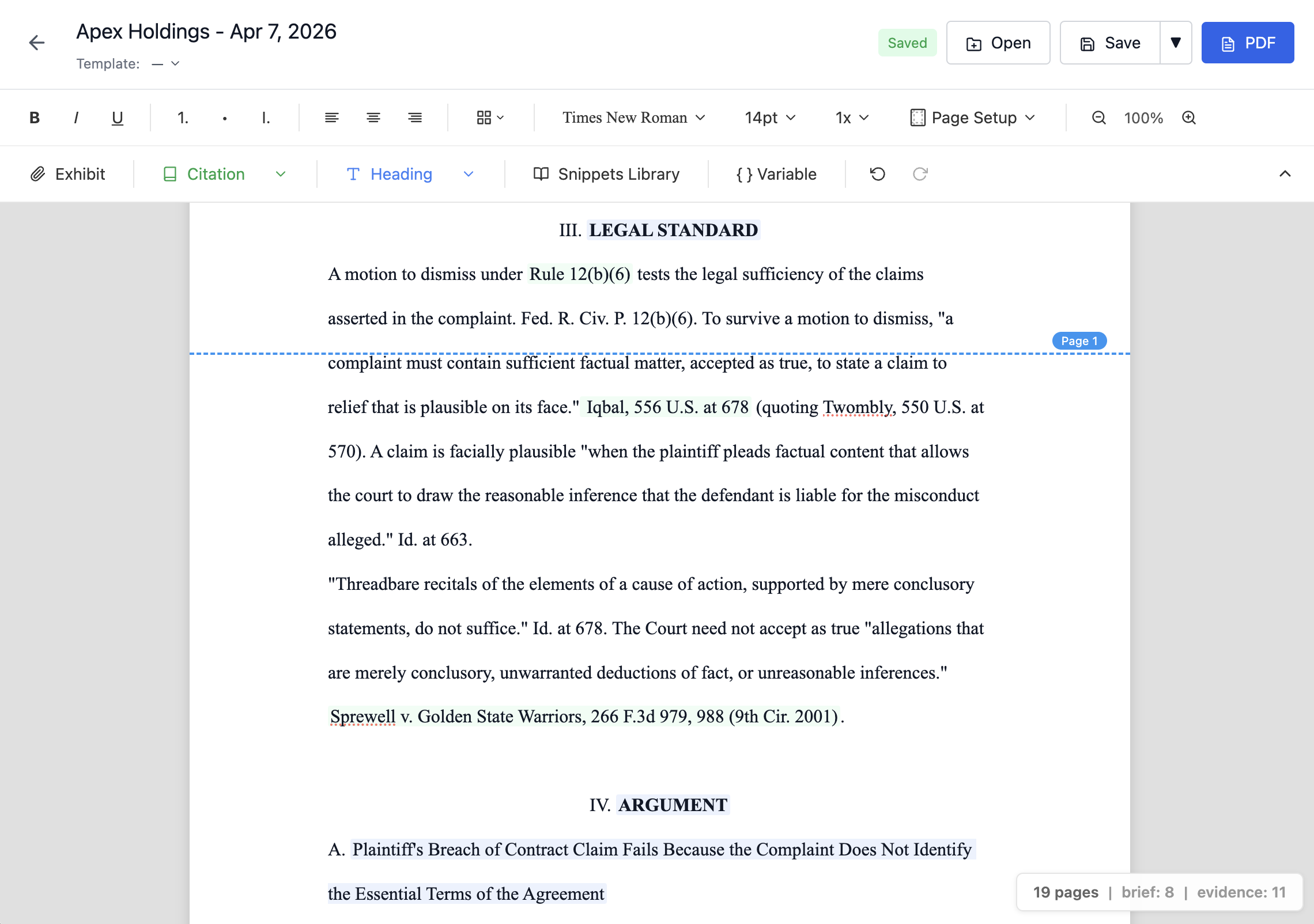 Brief Editor with proportional fonts, court formatting, and WYSIWYG page breaks