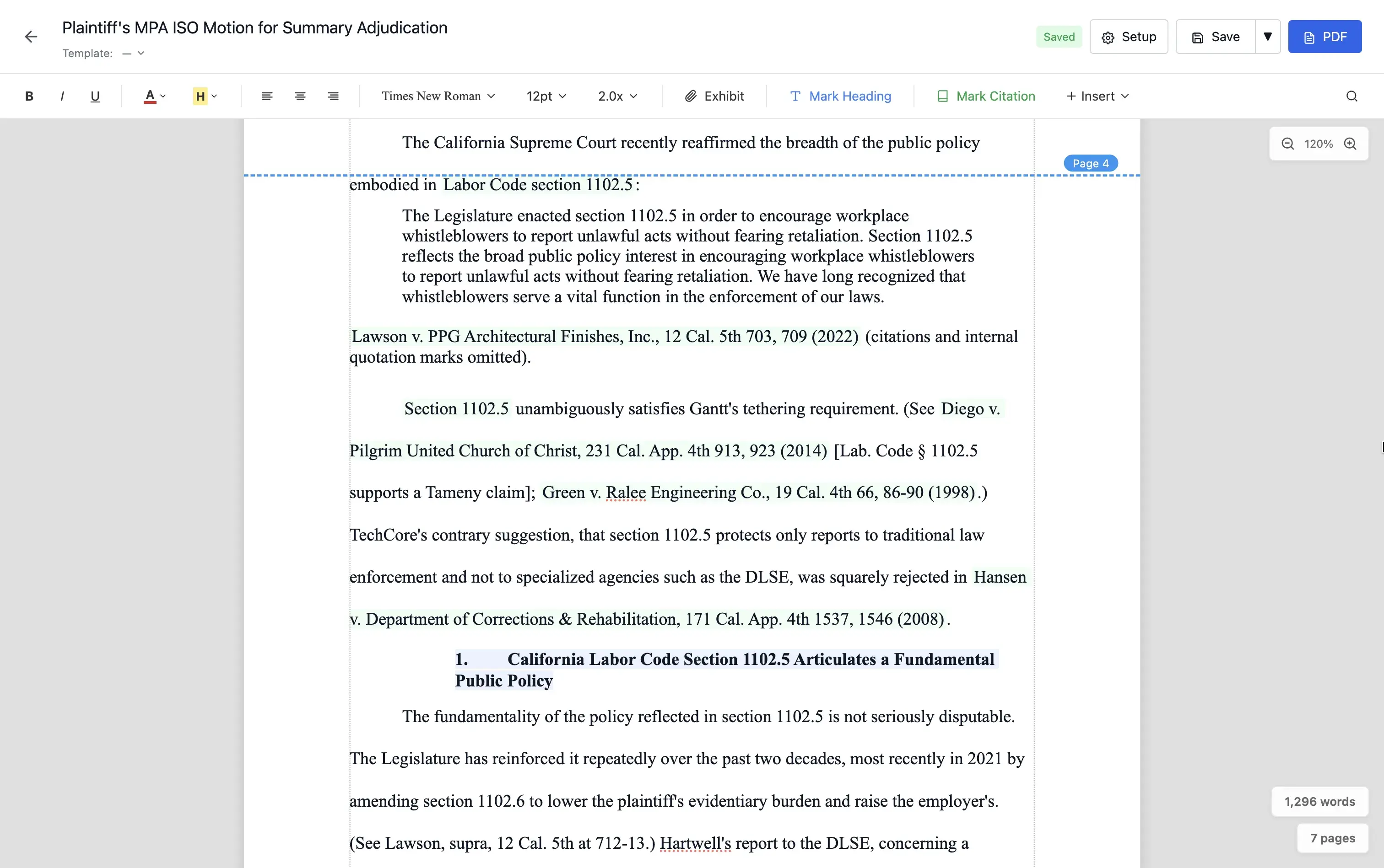 Brief Editor with proportional fonts, court presets, and WYSIWYG page breaks