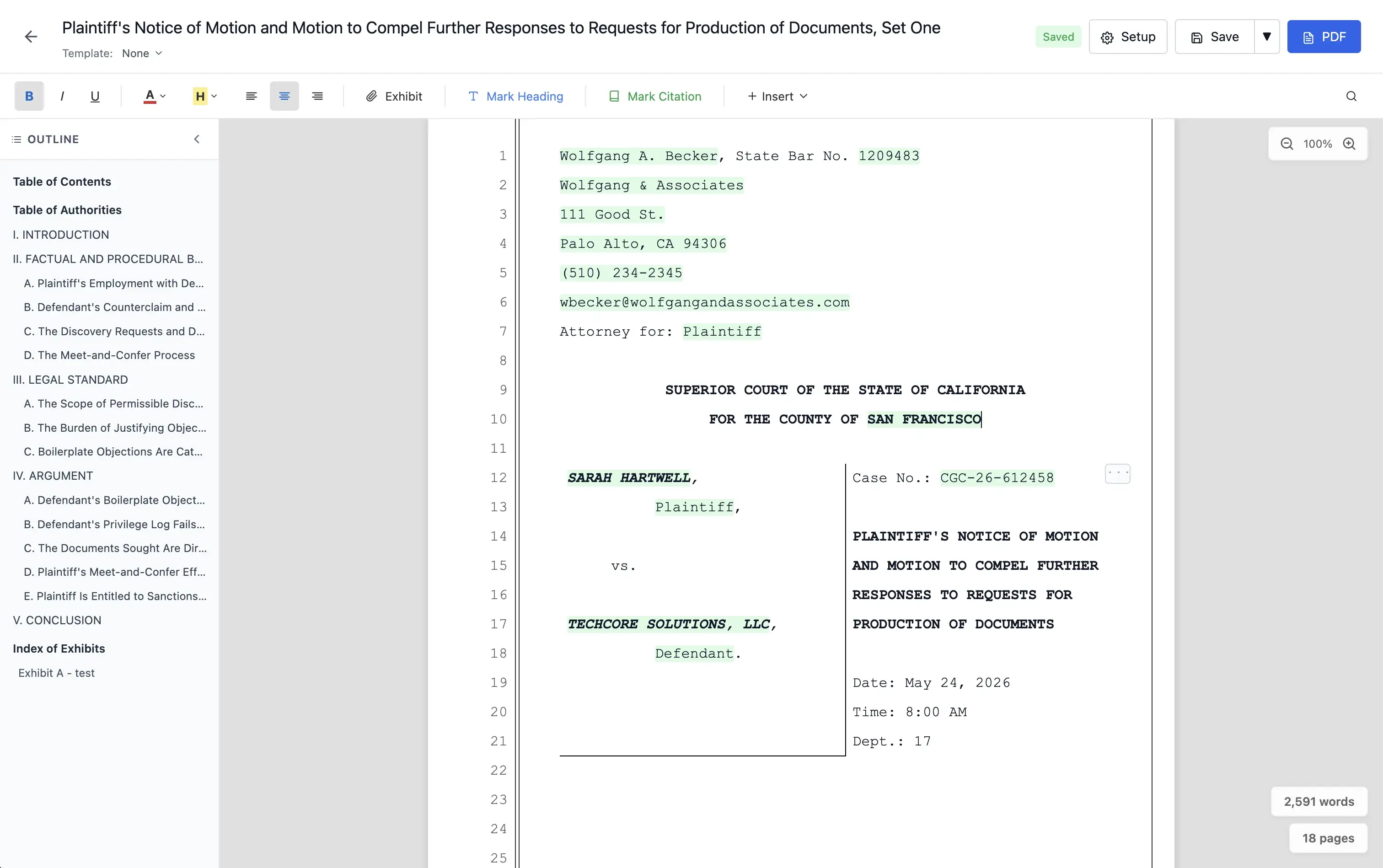 28-line Pleading Editor with auto-populated caption page