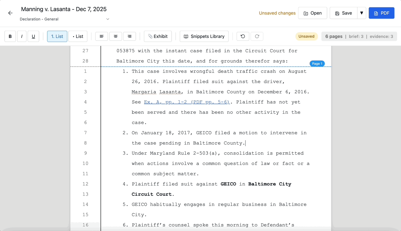 Pleading Editor in action, using the Adaptive Citation System to create smart in-text citations