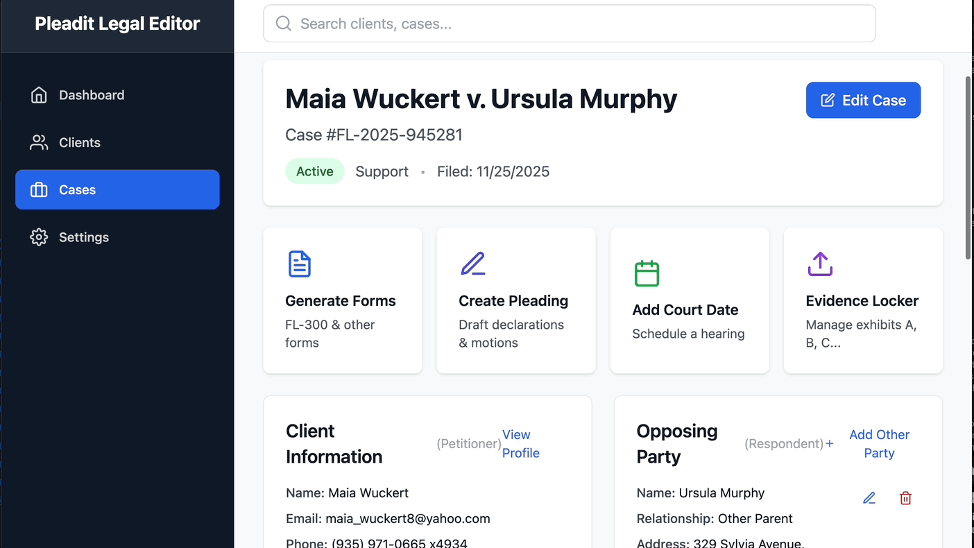 When generating forms, attorney, case, and client data automatically populate