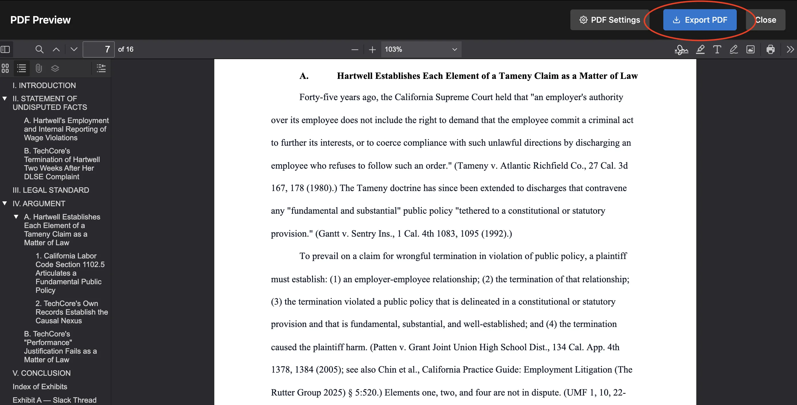 2. Click Export PDF