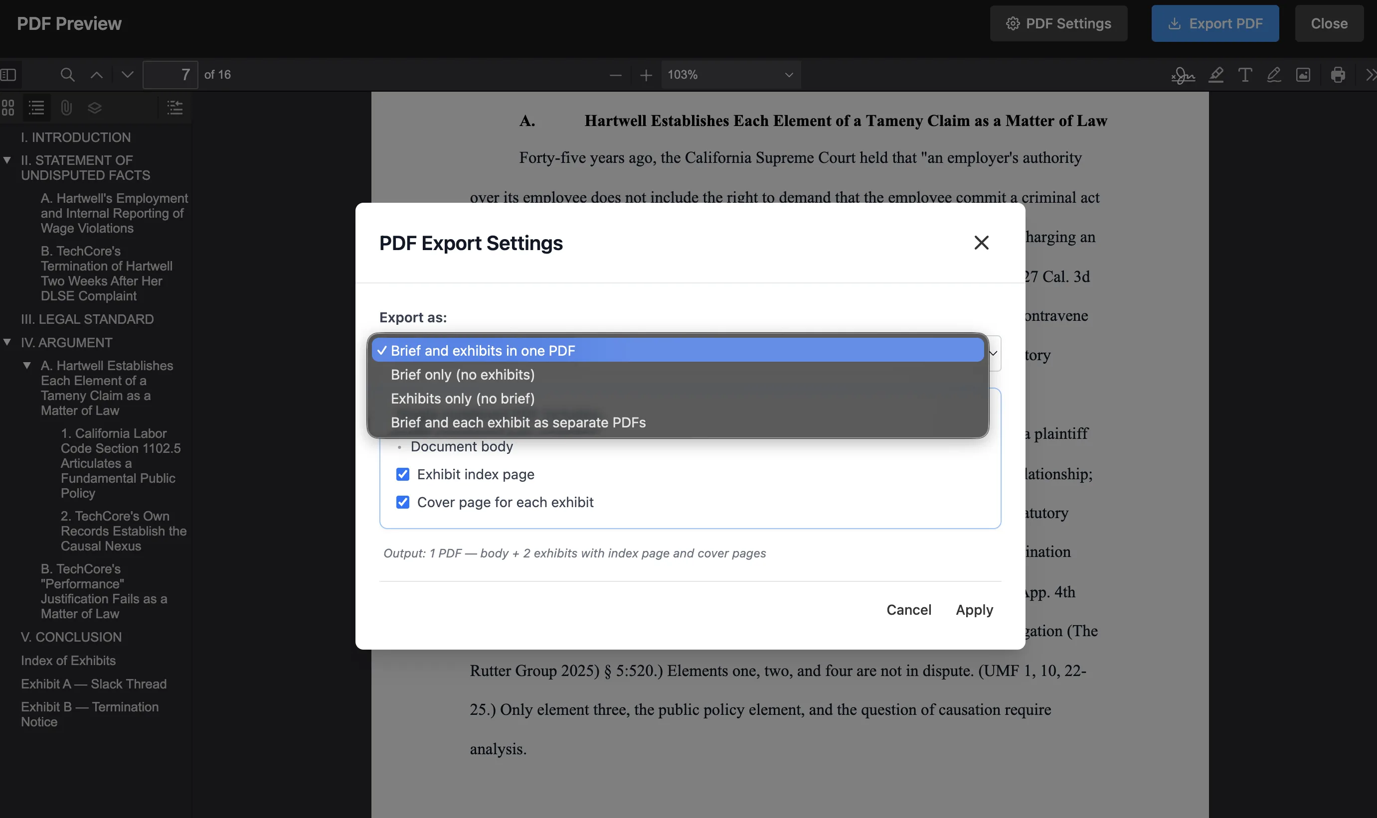 1. Choose what to include in PDF Settings