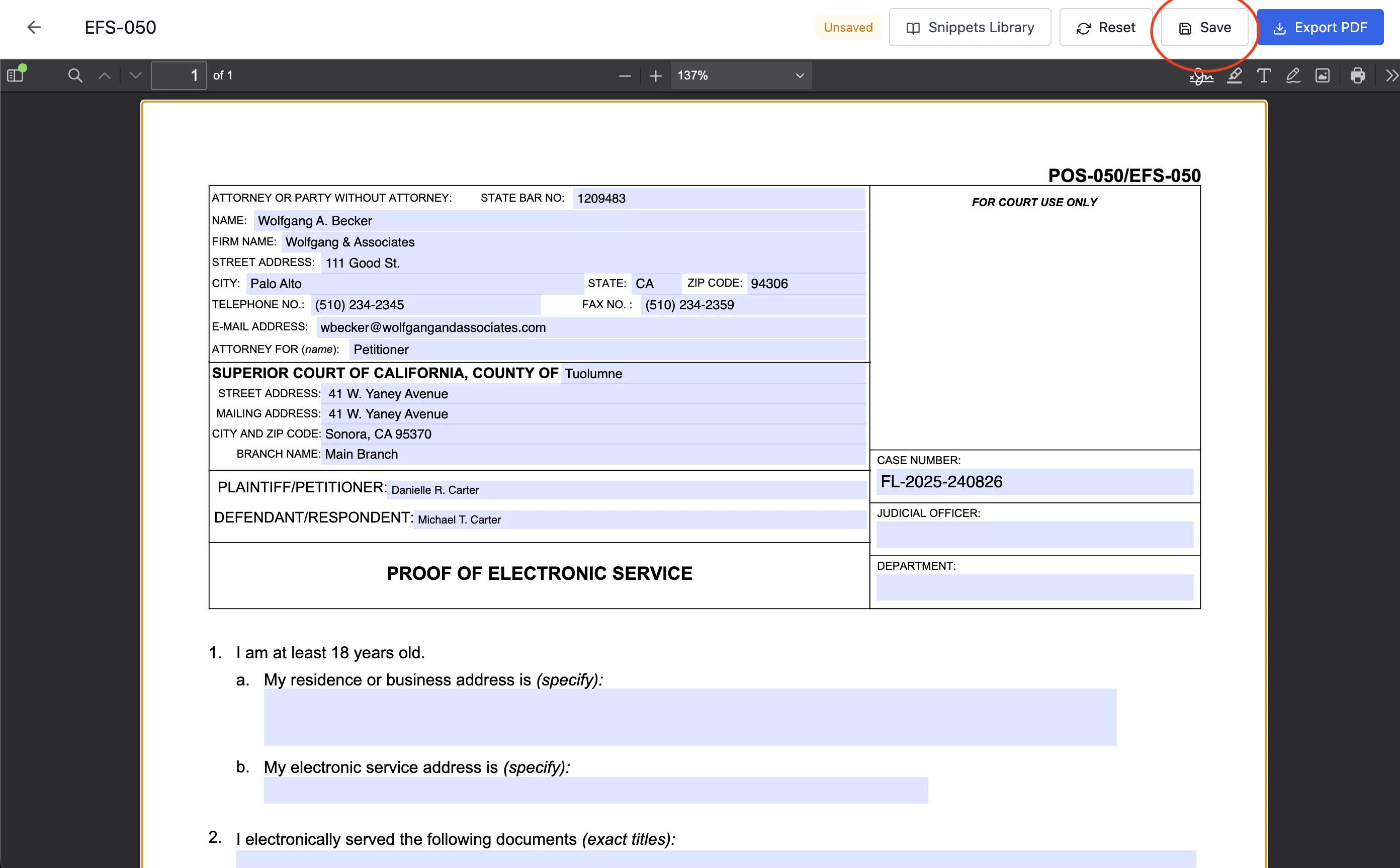 The form opens in the editor with your client and case data already filled in.