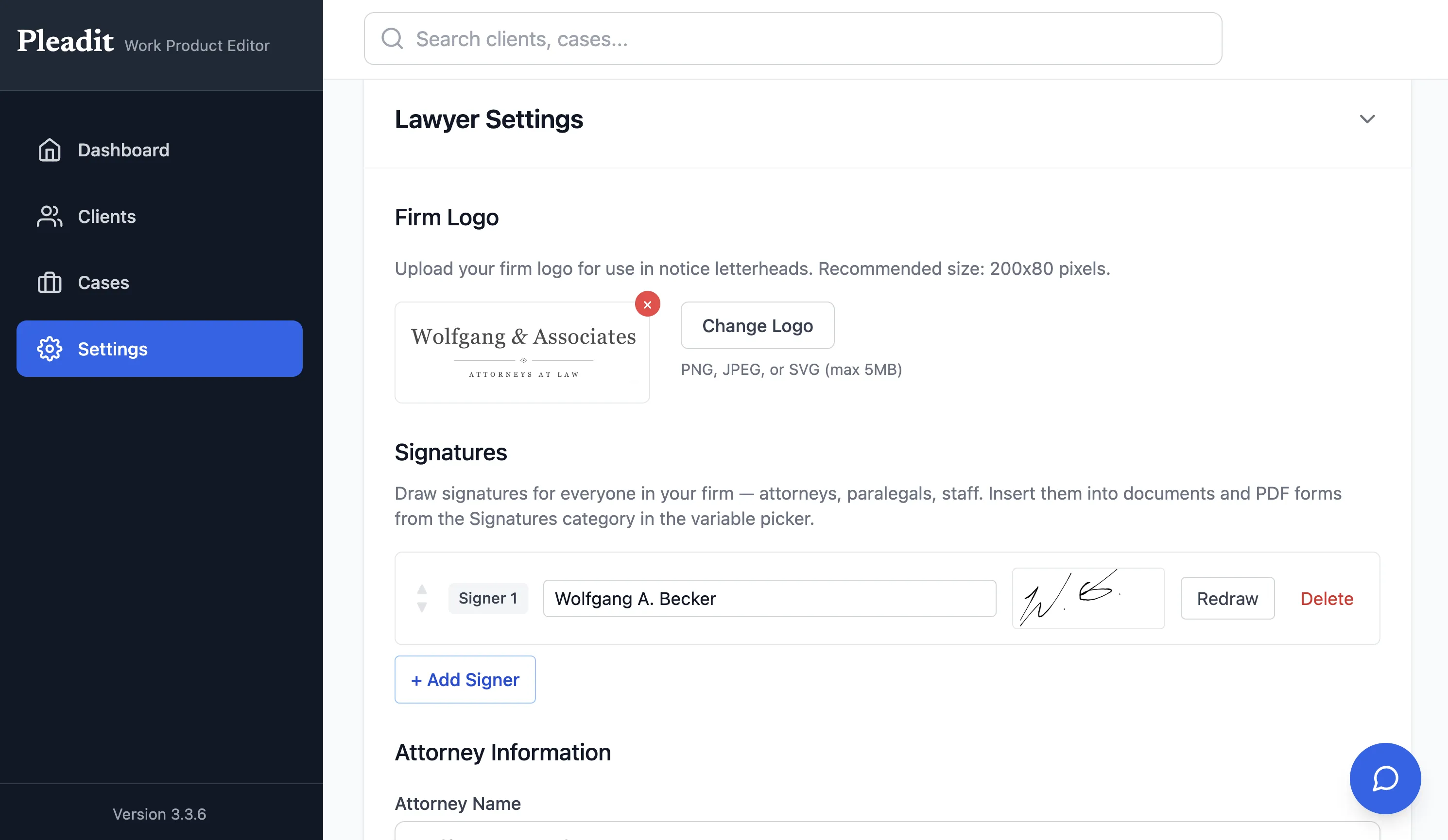 Settings → Lawyer Settings, where your firm logo, signatures, and attorney details live.