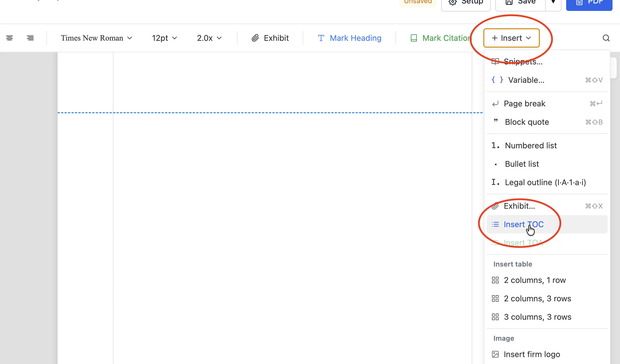 2. Insert menu → Insert TOC