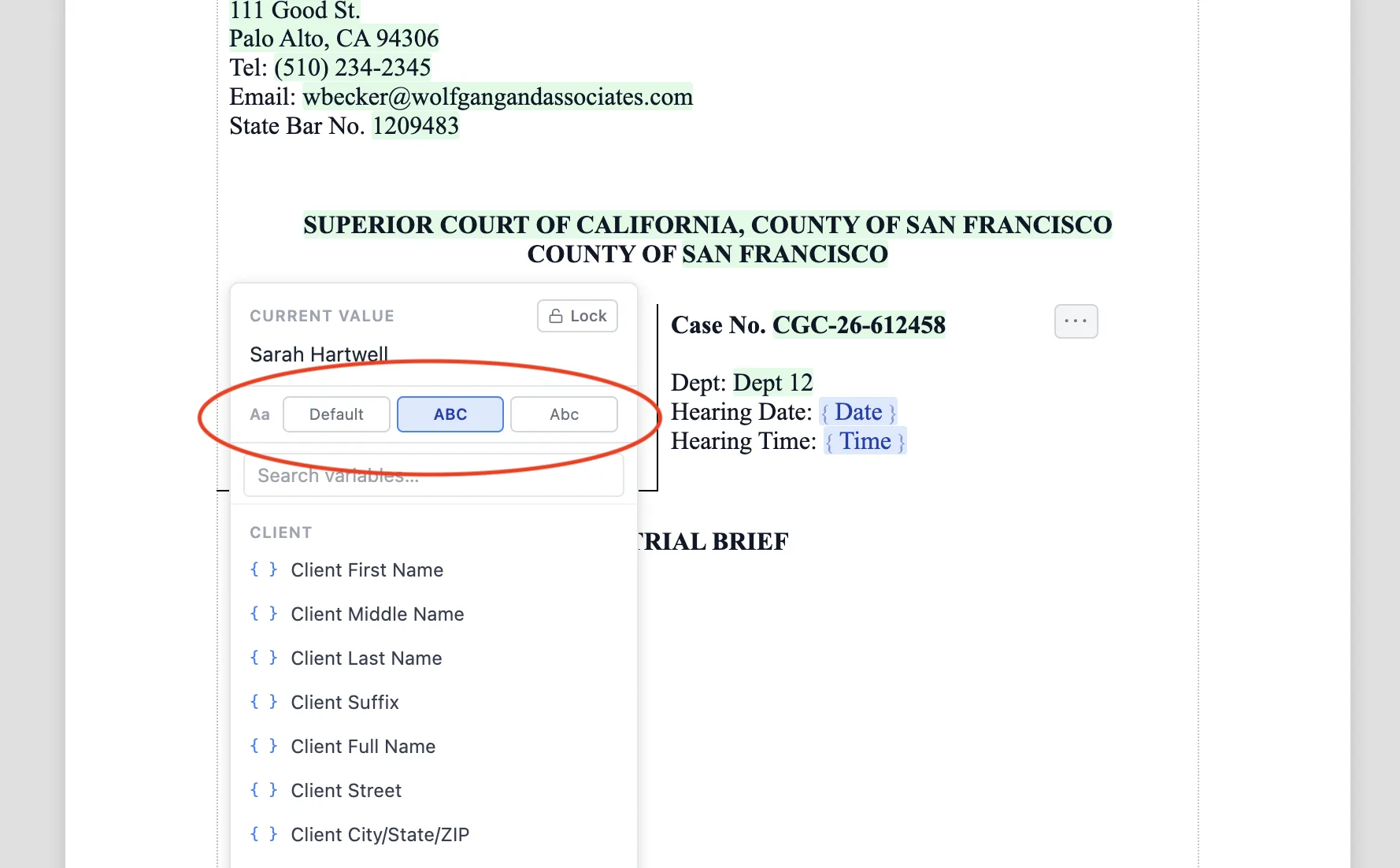 3. Click it to set casing, format, or lock